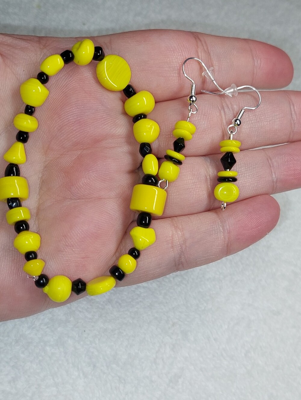 Handmade Yellow and Black Glass Beaded Bracelet & Earrings Set